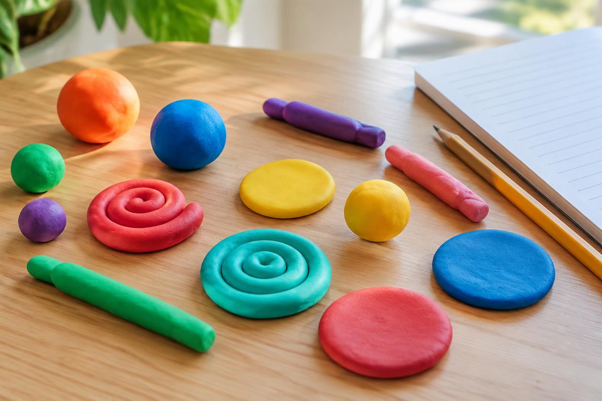 Colourful plasticine rolled into coils, balls and flat discs on a light wooden table beside a pencil and notebook