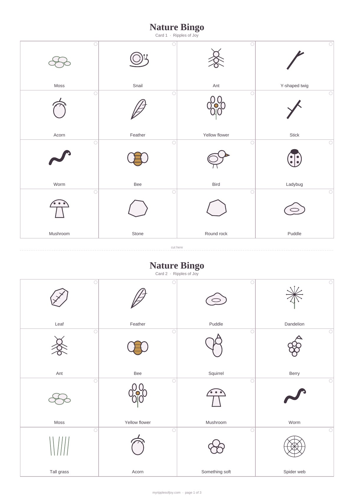 Illustrated Nature Bingo cards (A4 PDF, 6 cards) printable for kids
