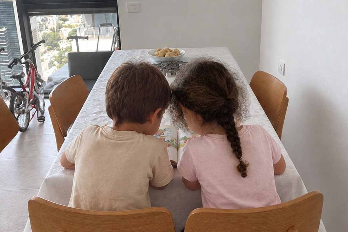 Two children leaning together over an open book at a worn wooden table in natural window light