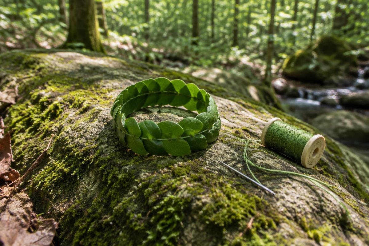 A bracelet made of green leaves threaded on thread, resting on a mossy rock in a forest