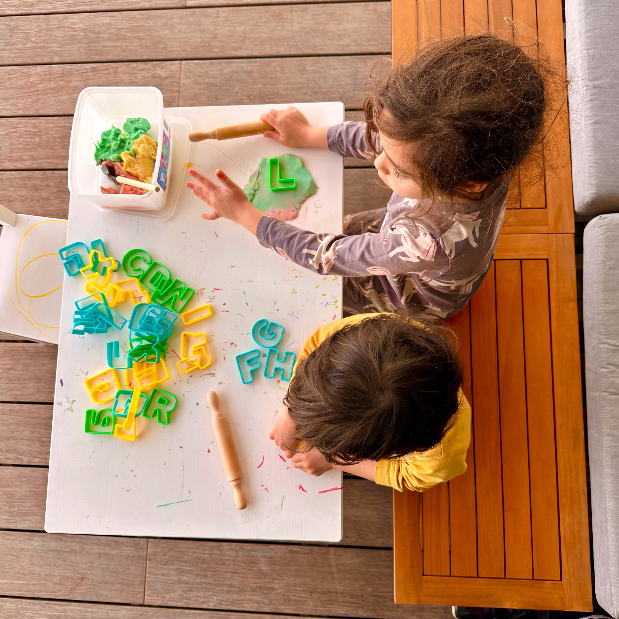 Two kids playing with play dough and letter cutters