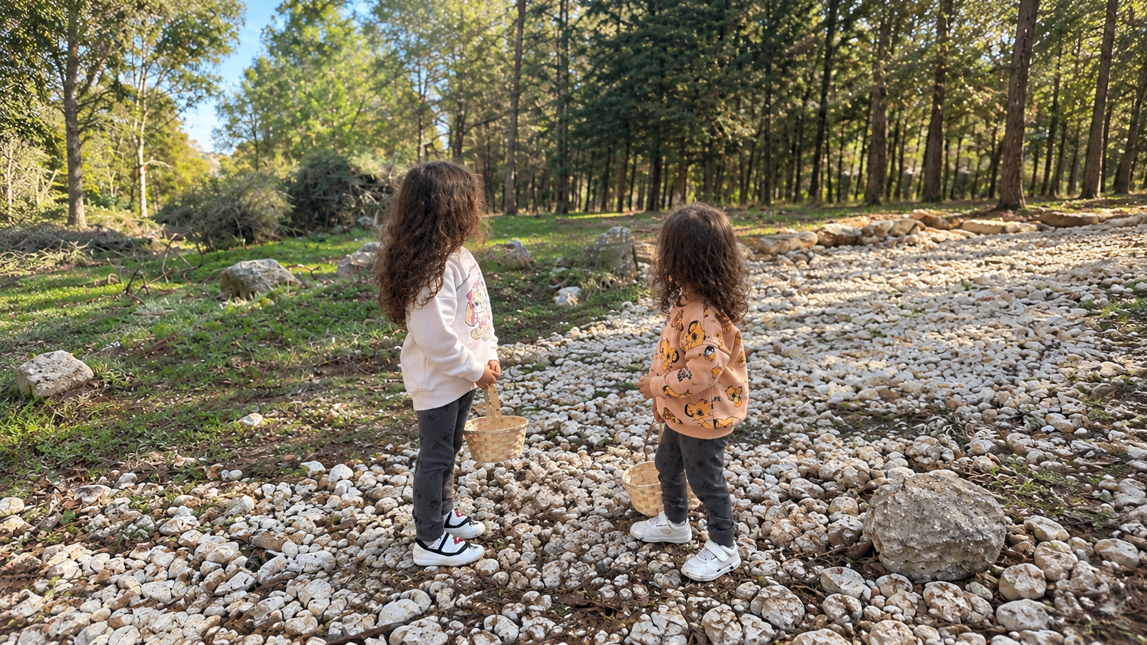 Two little girls holding wicker baskets on a forest path, seen from behind
