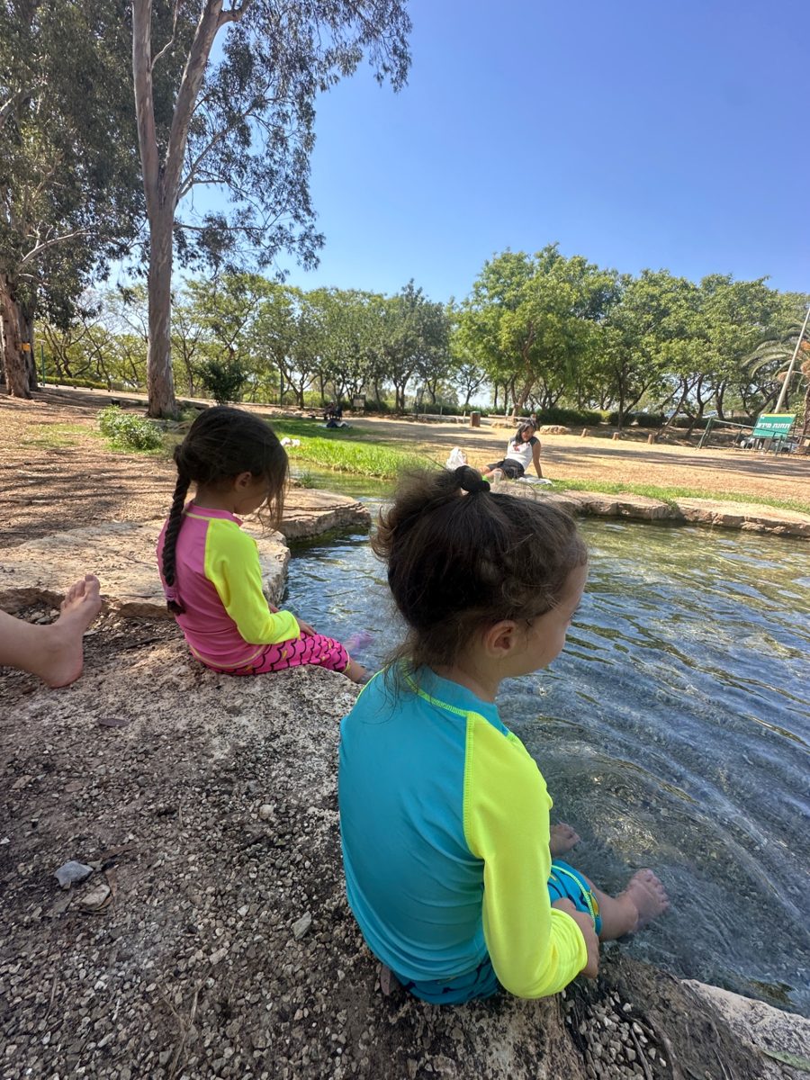 Two children sitting by the water in a park, seen from behind