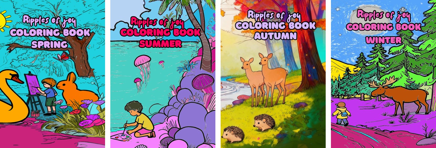 Covers of the four Ripples of Joy coloring books: spring, summer, autumn and winter