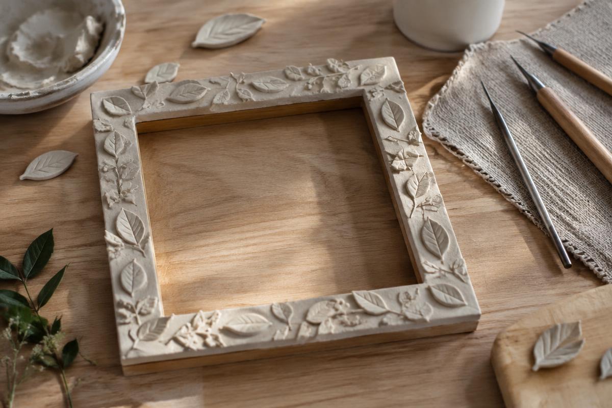A wooden picture frame covered with a thin layer of clay pressed with leaf shapes