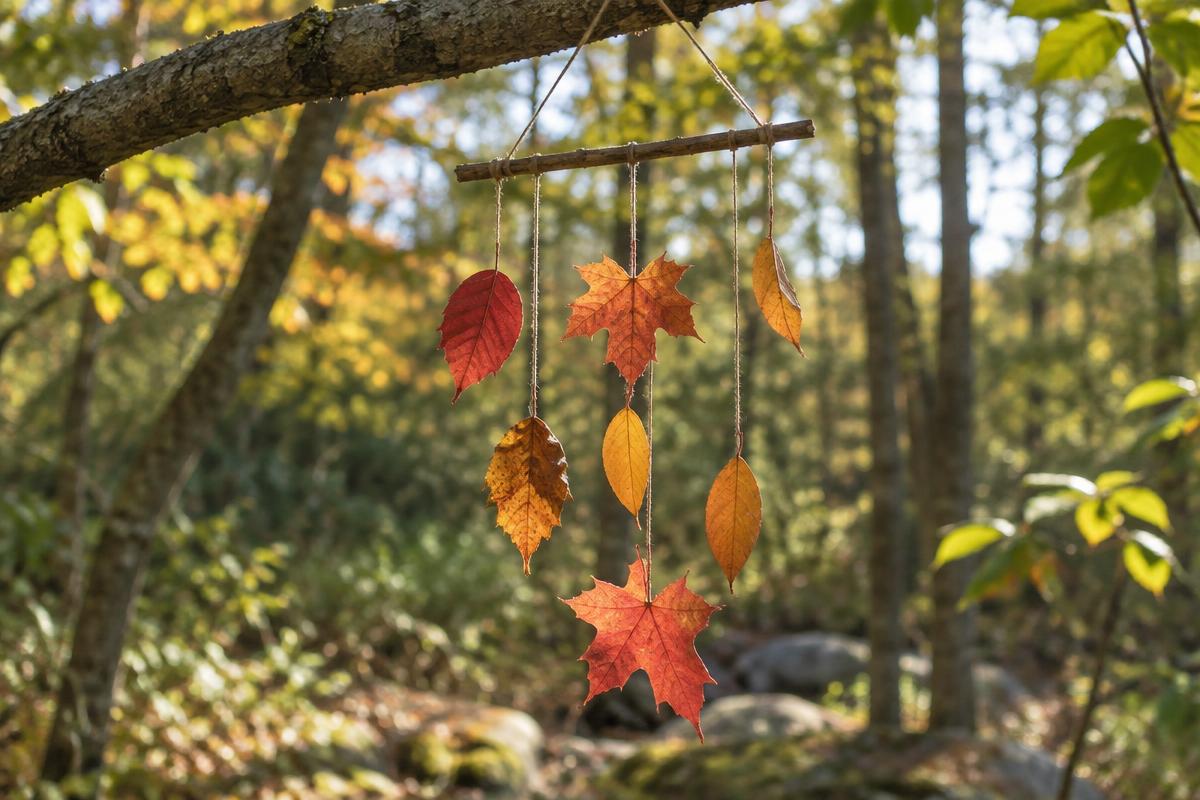 A mobile of autumn leaves hanging on threads from a stick tied to a tree branch