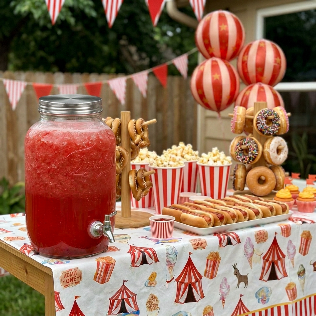 Popcorn cones, mini hot dogs, pretzels and donuts on the circus tablecloth.