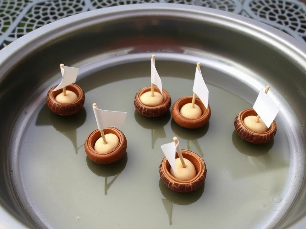Playdough, a toothpick and a paper sail — a fleet in a washing-up bowl.