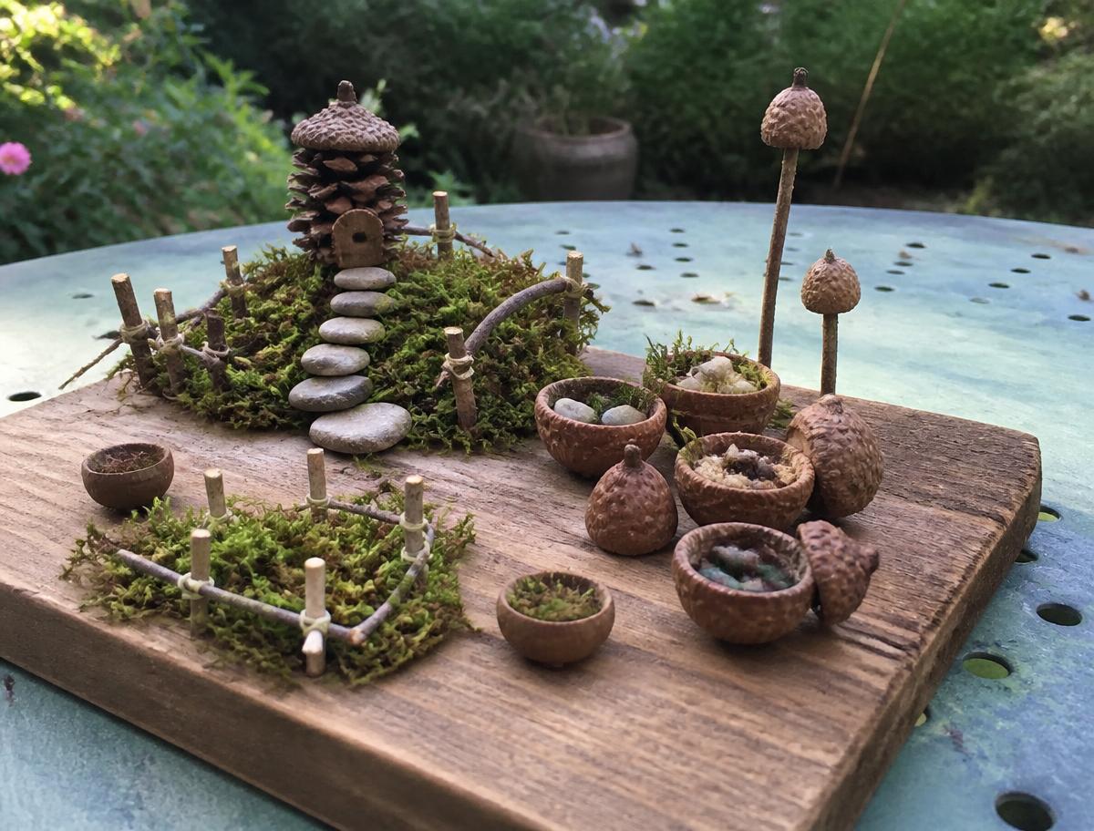 Moss, figures and acorn-cap bowls: a whole world on one tray.