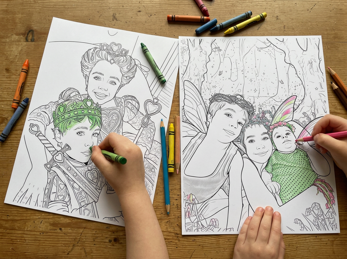 Our own photos, turned into pages they can color. Made with Da Vinci and Gemini.