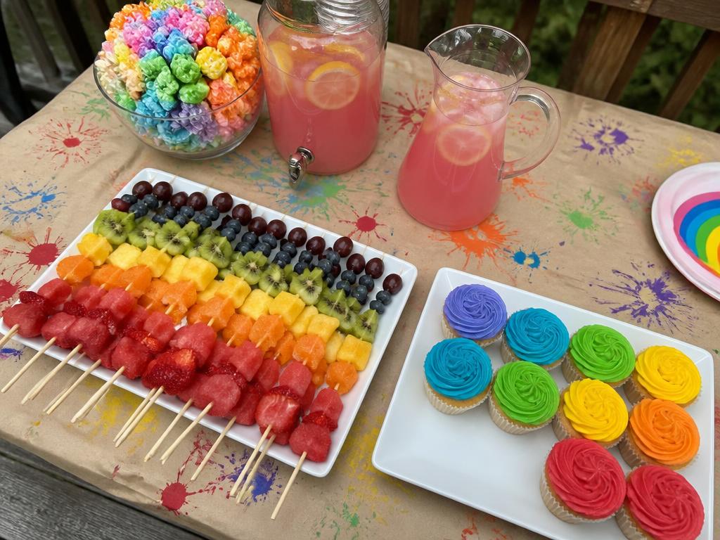 Rainbow fruit skewers, cupcakes in colour order and pink lemonade.