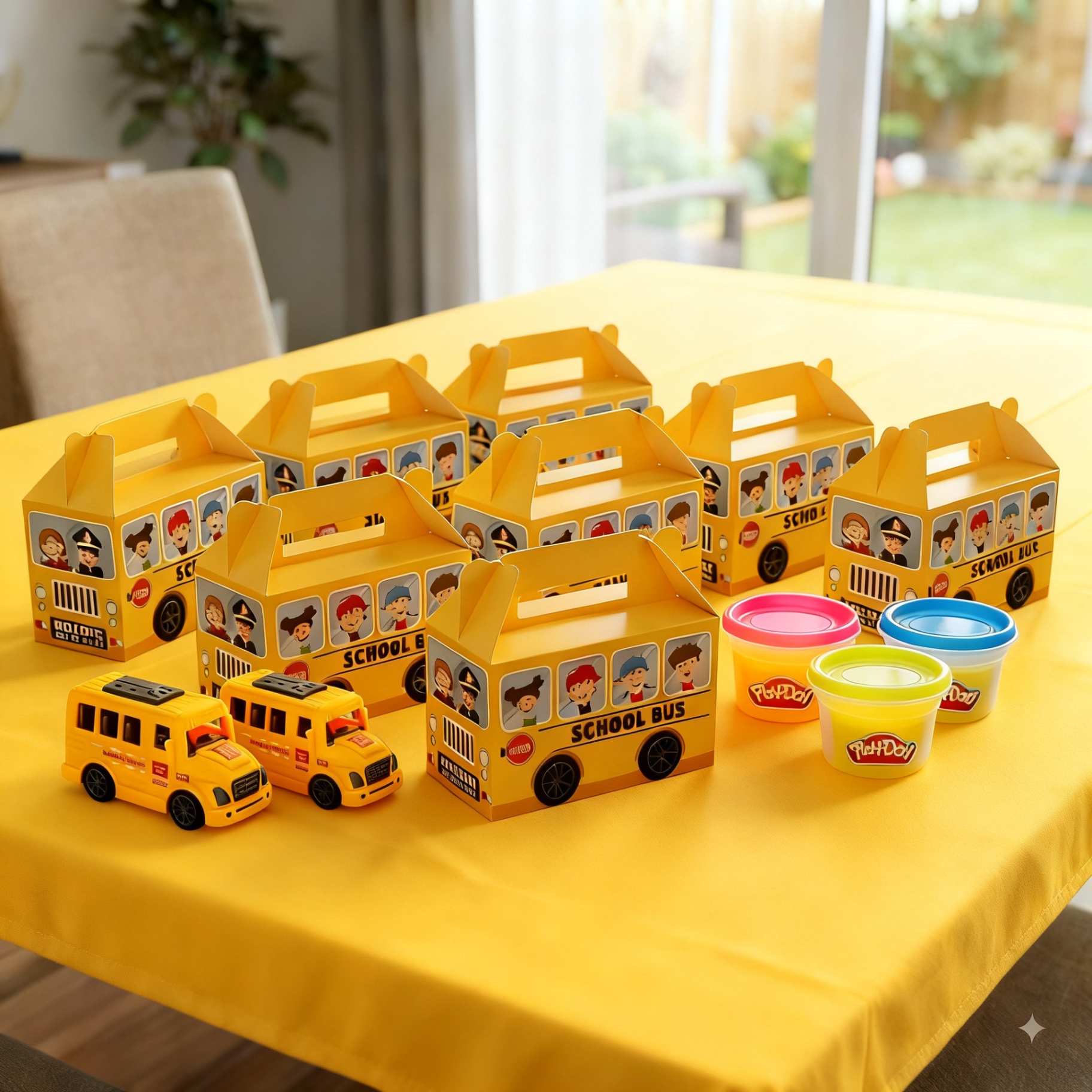 A toy bus, play dough and the countdown page in every box.