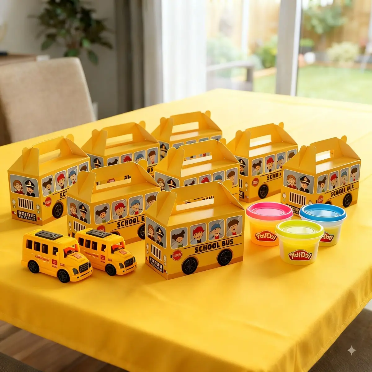 A toy bus, play dough and the countdown page in every box.