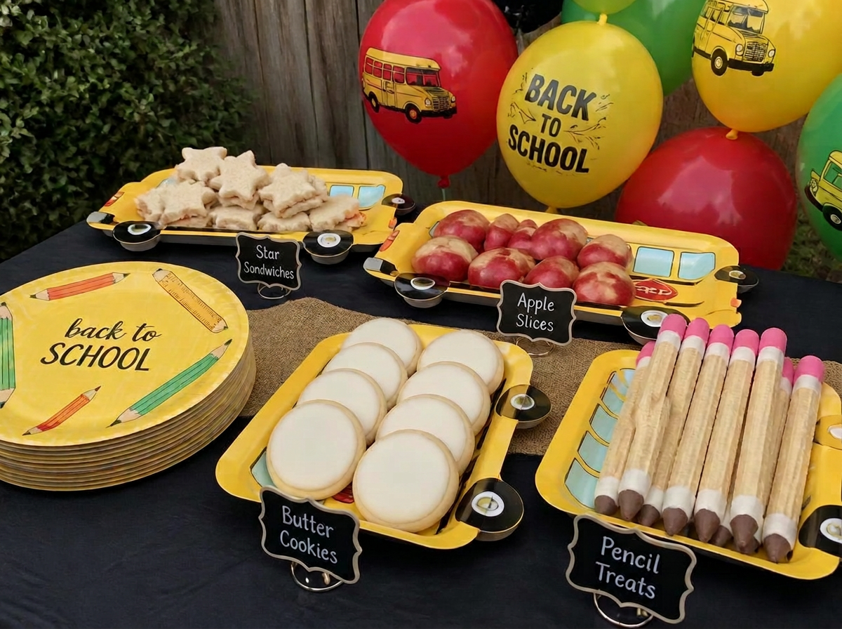 Star sandwiches, white iced butter cookies, apple slices and wafer pencils on bus shaped platters.