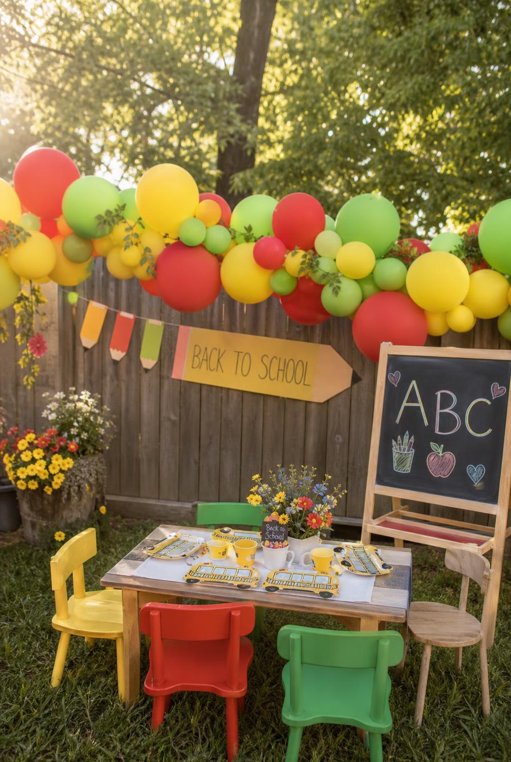 The whole setup: a balloon garland on the fence, a pencil banner, an ABC chalkboard and a little table set with school bus plates.