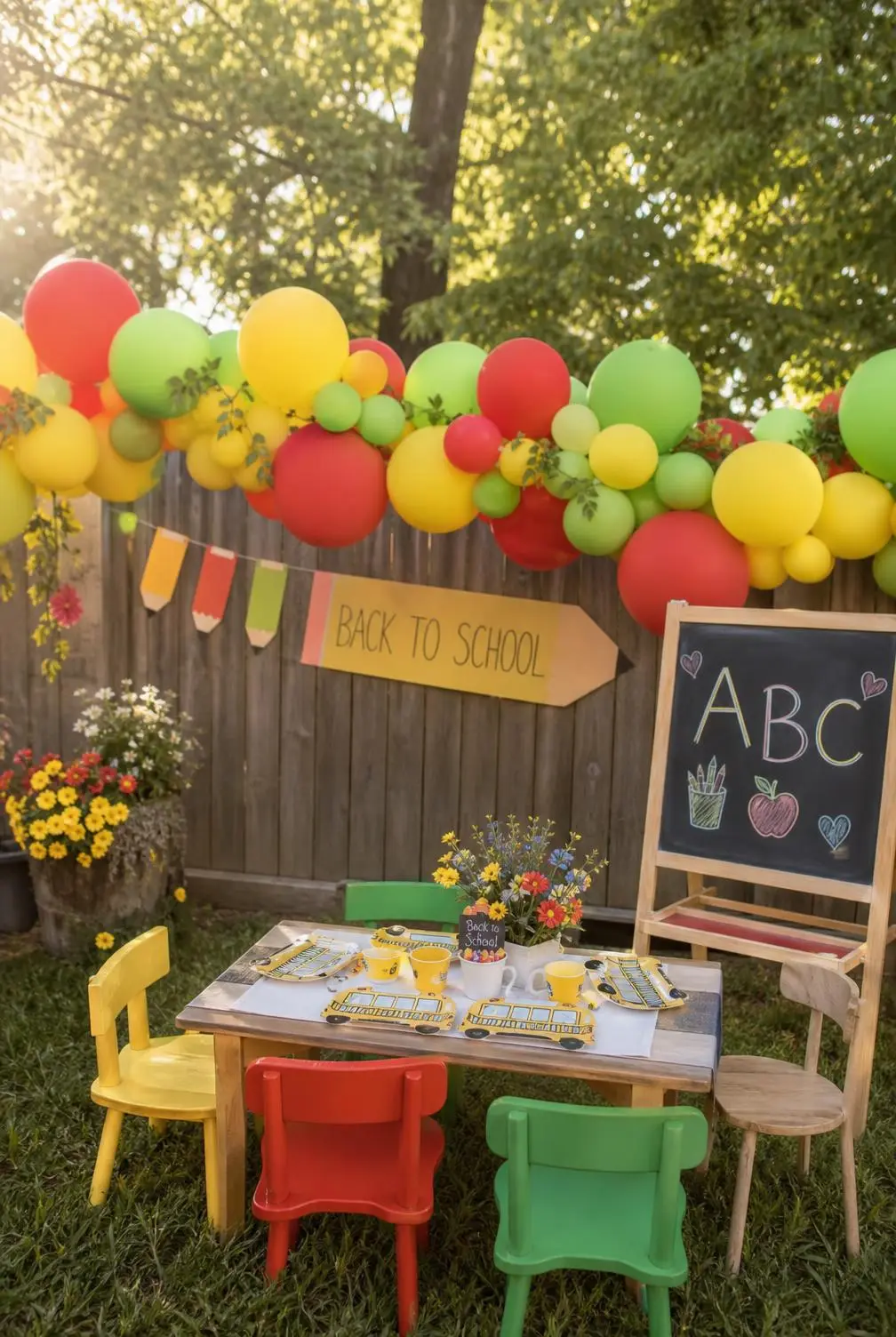 The whole setup: a balloon garland on the fence, a pencil banner, an ABC chalkboard and a little table set with school bus plates.