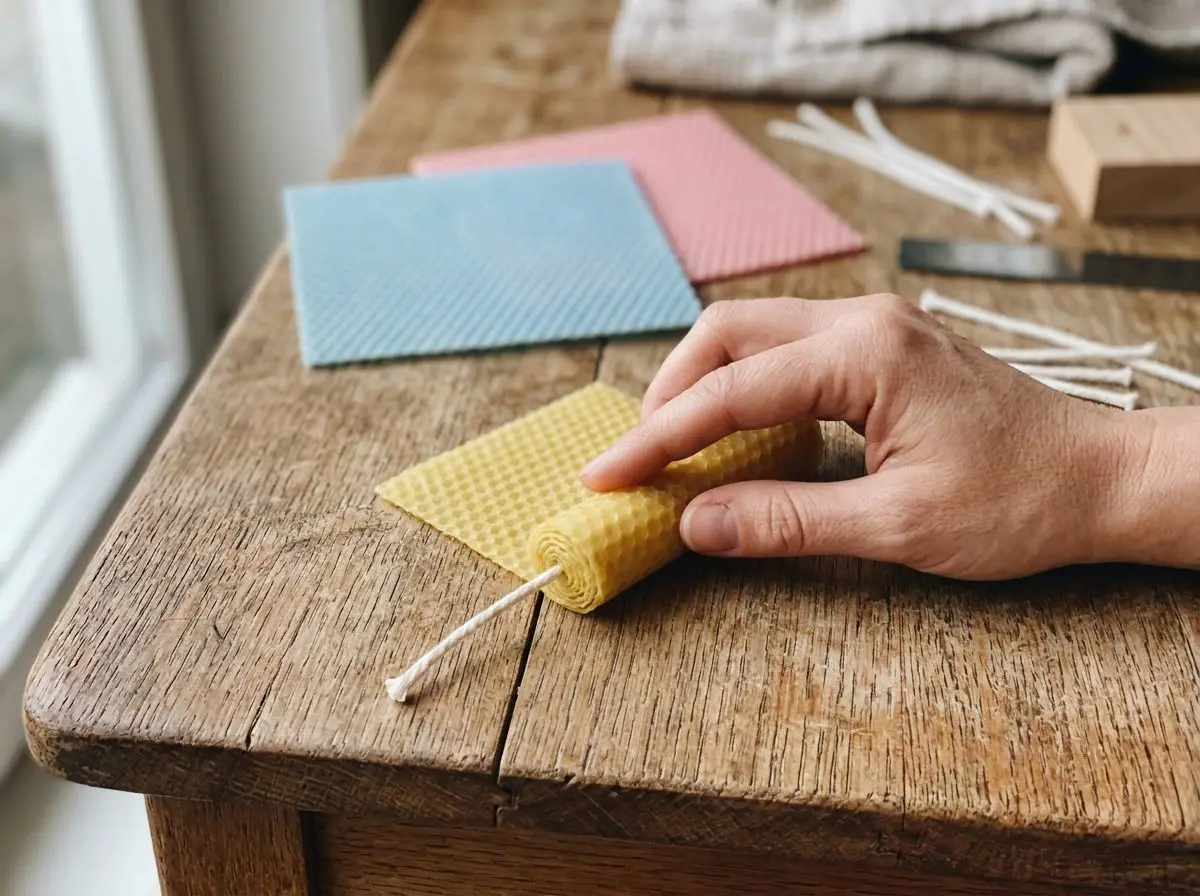 Warm hands rolling a pastel honeycomb sheet around the wick