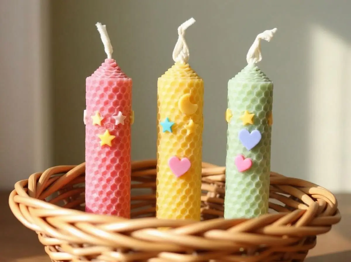 The finished candles, decorated with wax stars and hearts