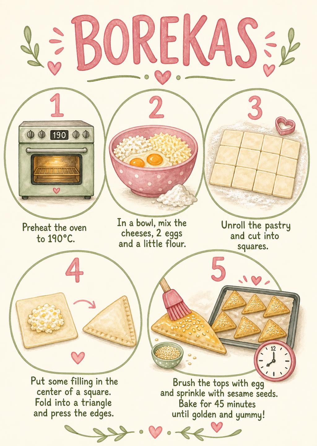 Borekas picture recipe (2 page A4 PDF) printable for kids