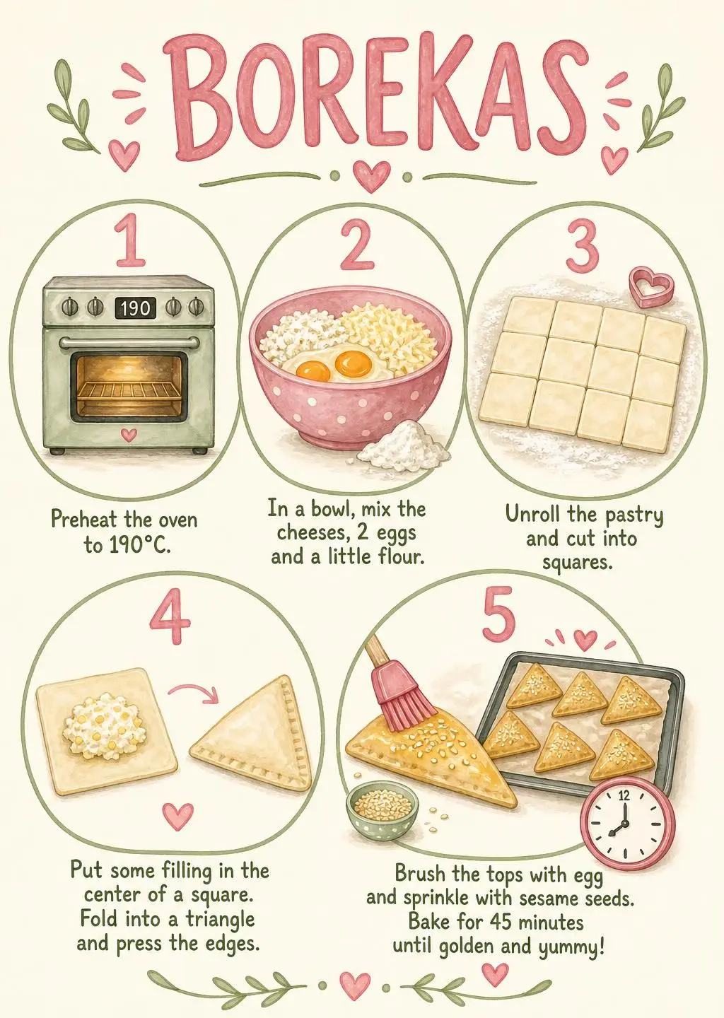 Borekas picture recipe (2 page A4 PDF) printable for kids