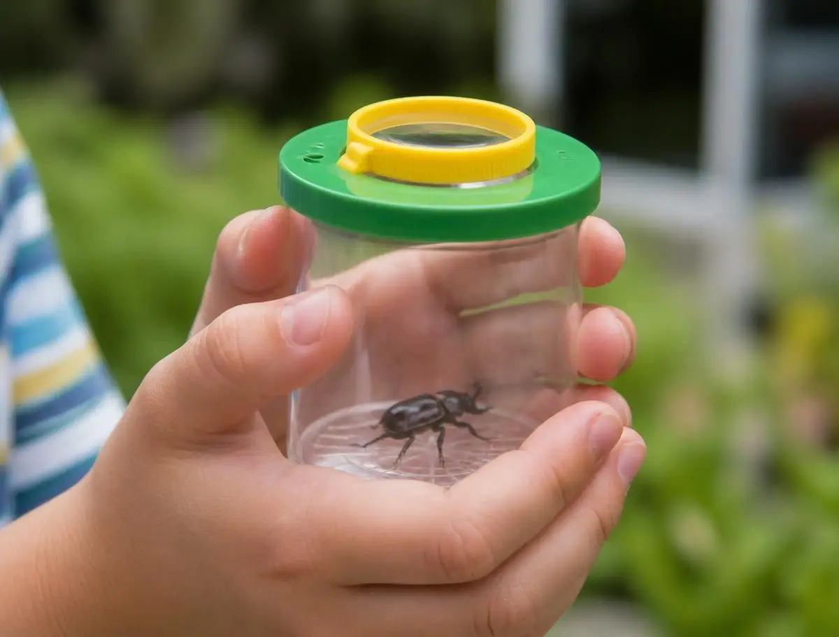 Looking through the magnifying lid before letting it go again.