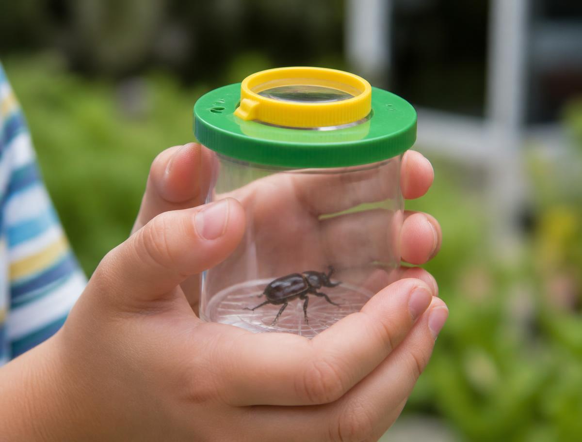 Looking through the magnifying lid before letting it go again.