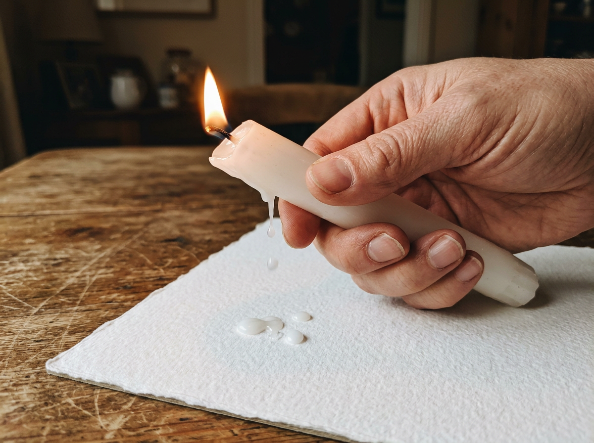 Tilted candles dropping hot color onto thick paper