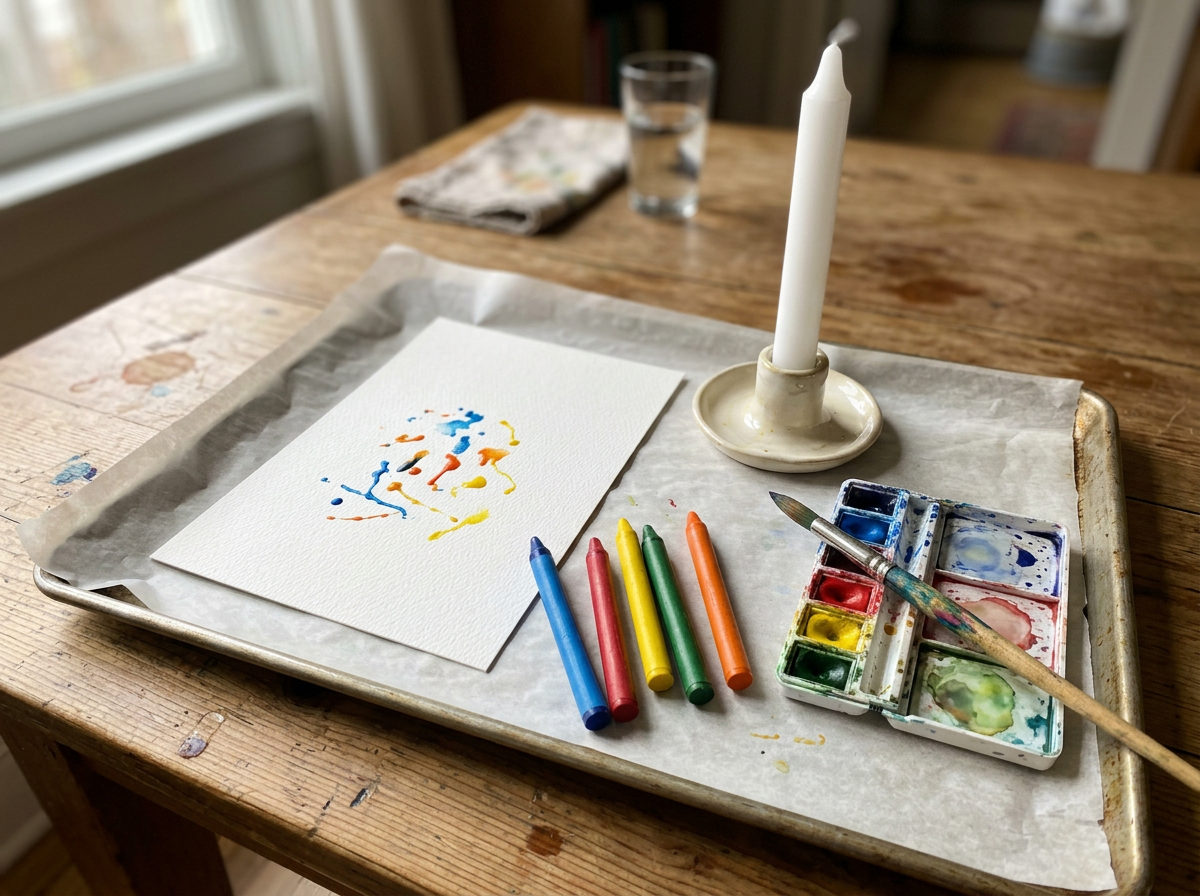 The setup: one steady candle, wax crayons and paper on a lined tray