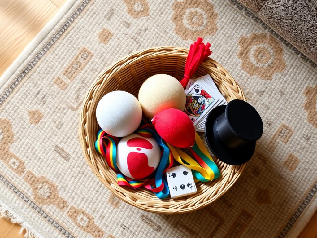 The whole show in one basket: balls, nose, ribbons, hat and cards.