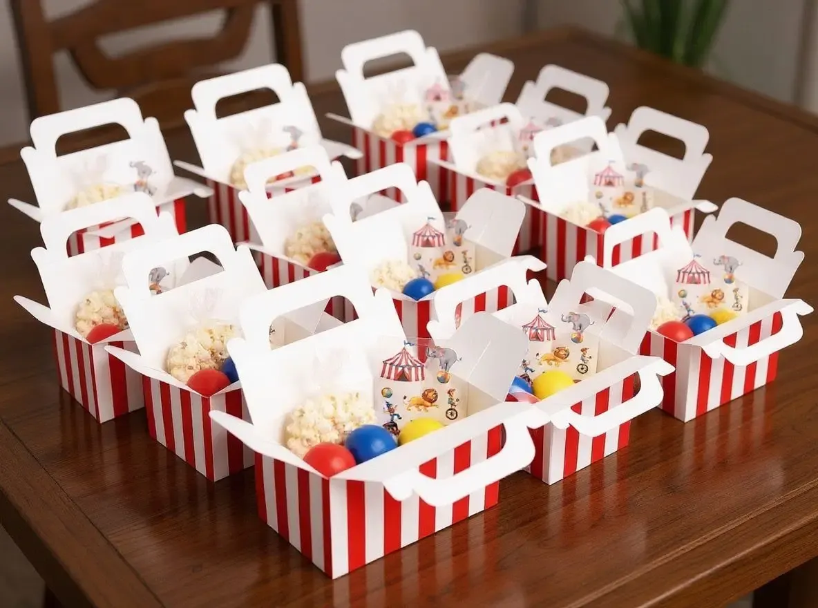 Striped gable favor boxes with popcorn, circus stickers and bouncy balls inside.
