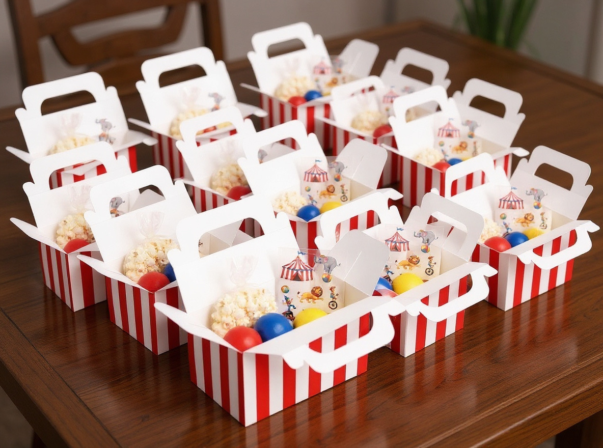 Striped gable favor boxes with popcorn, circus stickers and bouncy balls inside.