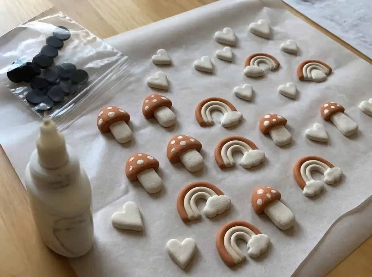 A whole tray of little clay shapes drying before the magnets go on