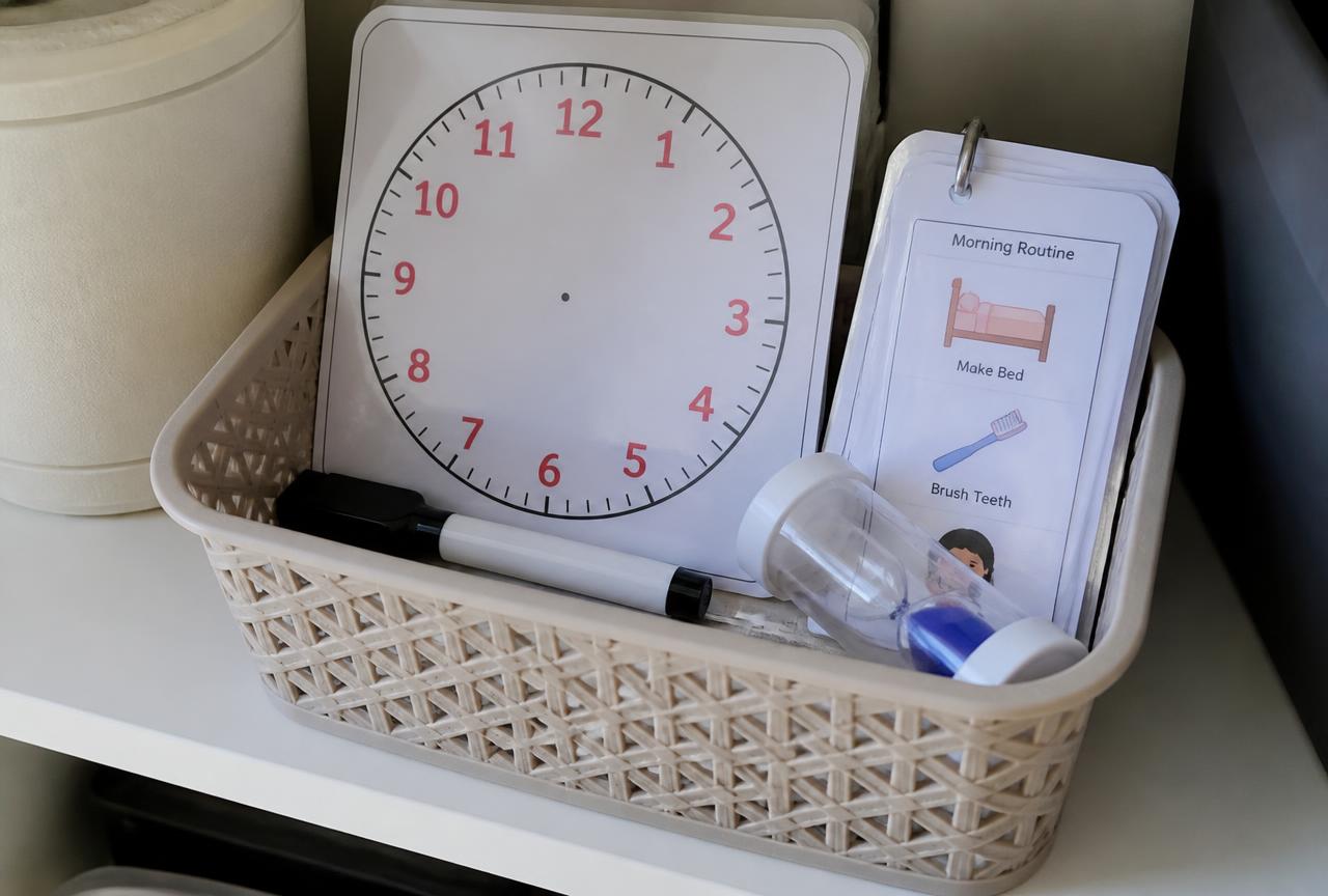 The clock, the cards and a pencil, ready on the table.