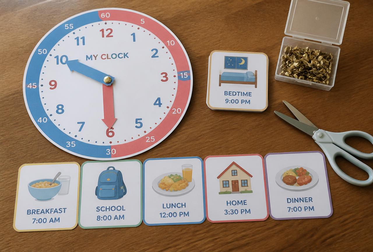 Clock wheel + 18 time cards (A4 PDF) printable for kids