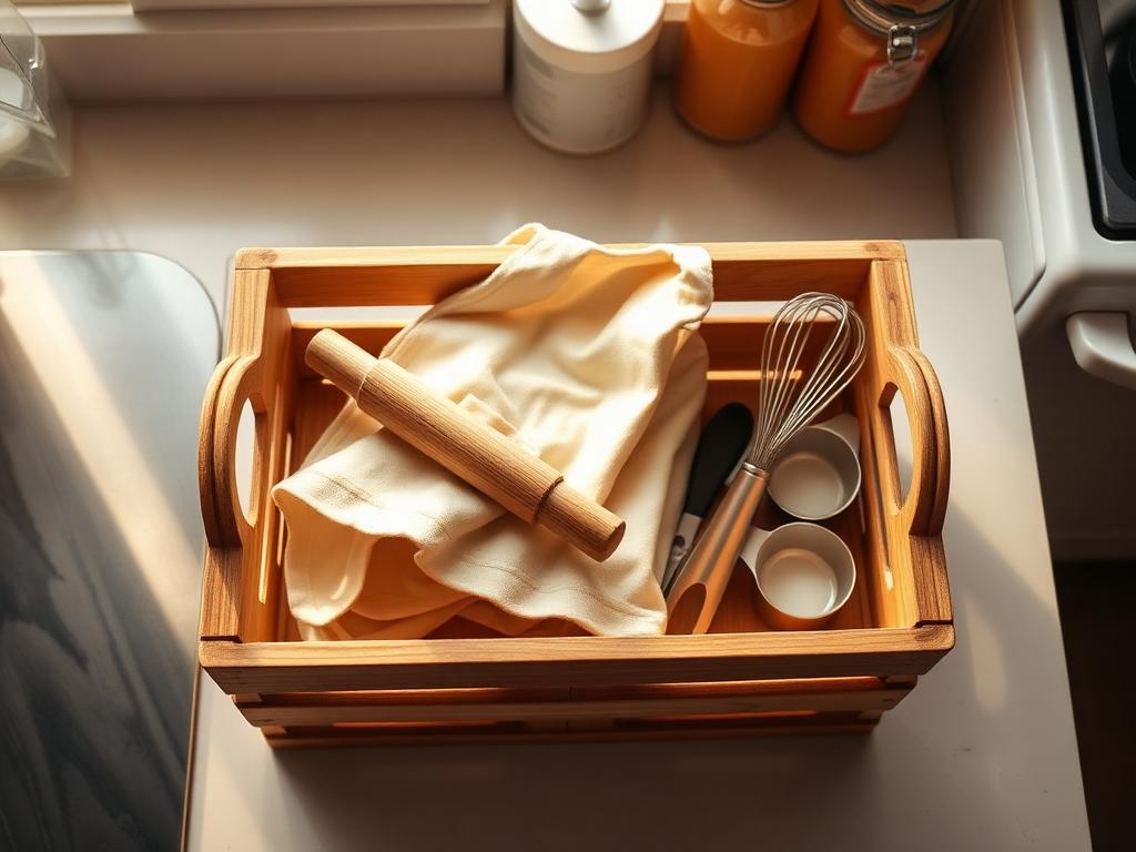 Apron, rolling pin, whisk and measuring cups in the crate.