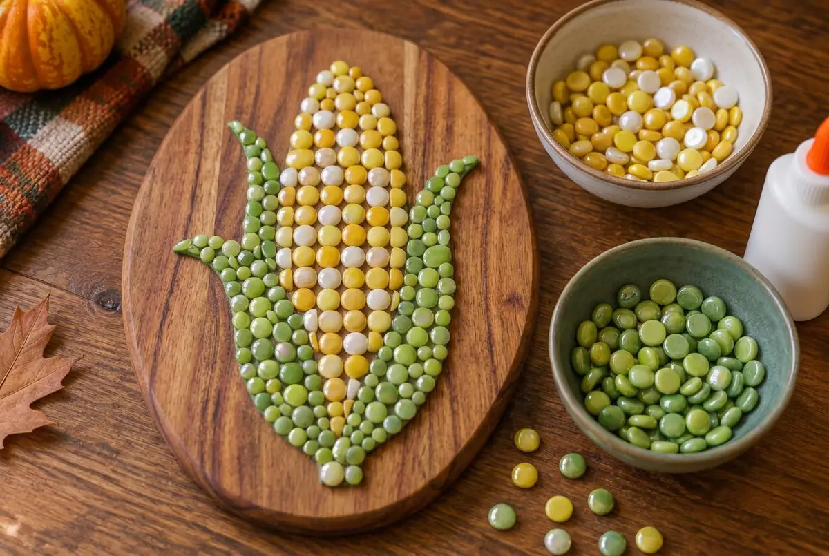 Yellow for the cob, green for the leaves, glued in rows on a scrap of wood.