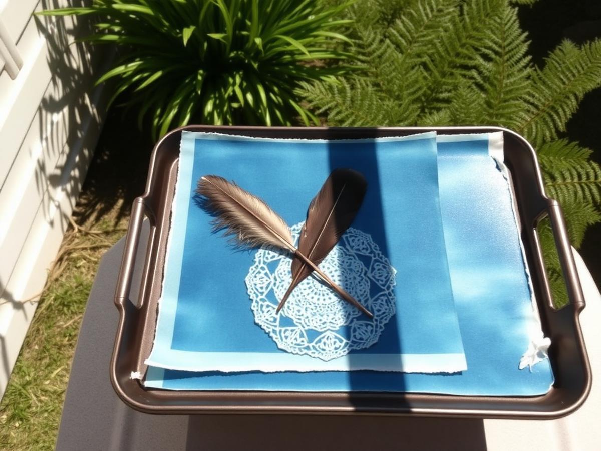 Ferns, a feather and a doily pressed under glass in full sun