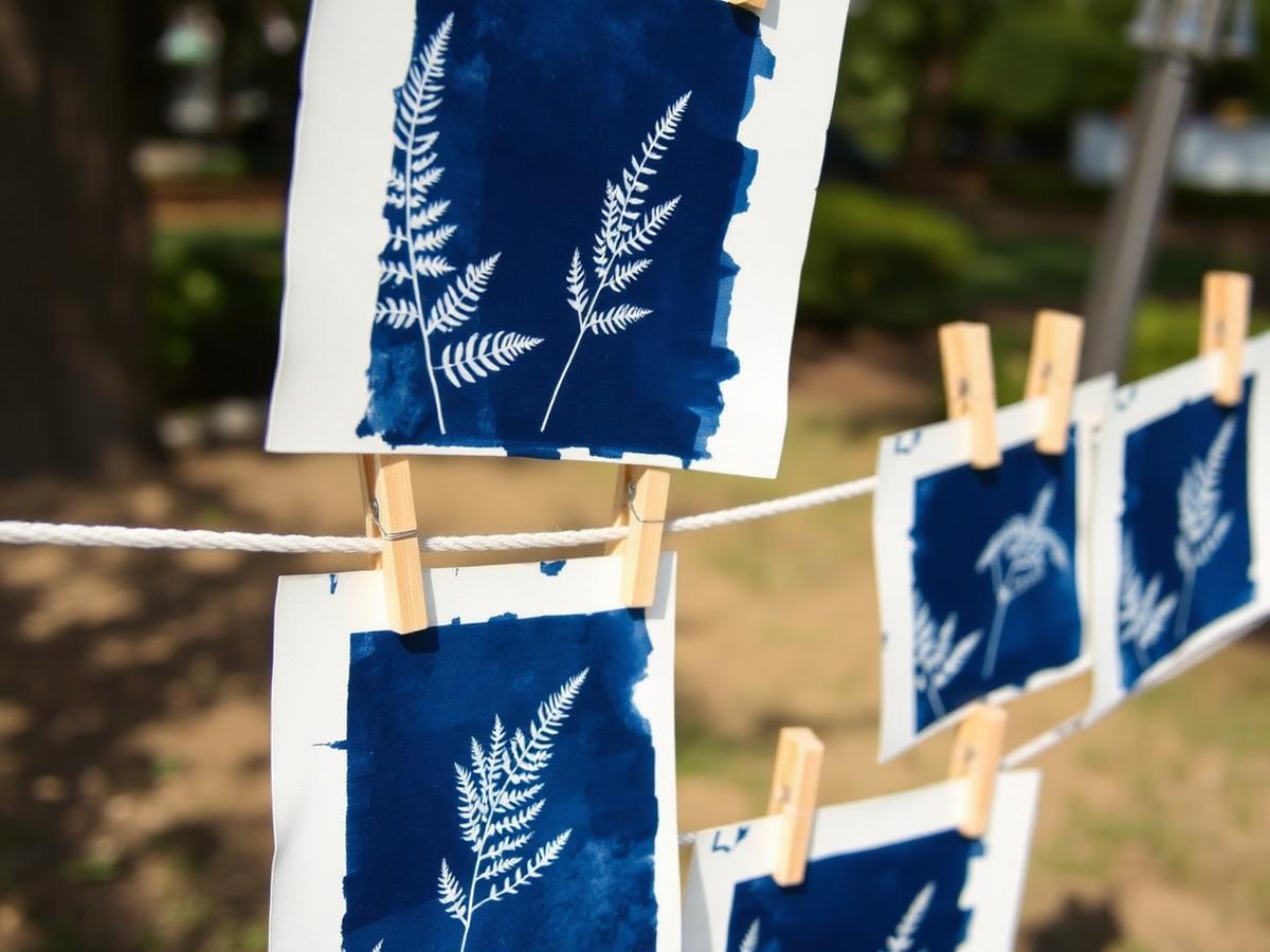 Rinsed prints drying on the line, turning deep blue