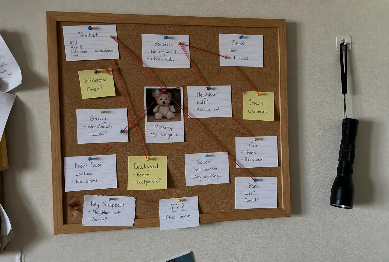 The clue wall: alibis, string and one contradiction.