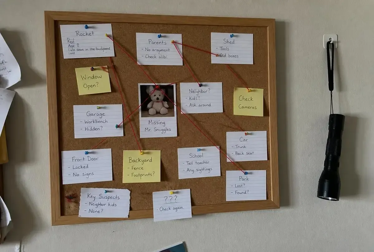 The clue wall: alibis, string and one contradiction.
