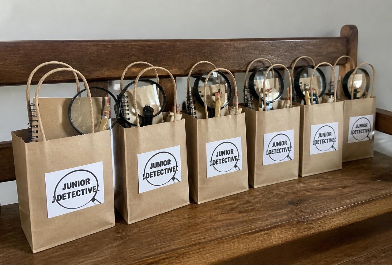 Favour boxes: magnifier, notebook, invisible ink and a badge.