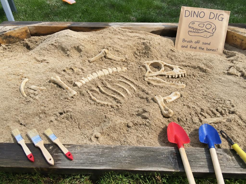 Bones buried the night before, brushes laid out in a row along the edge.