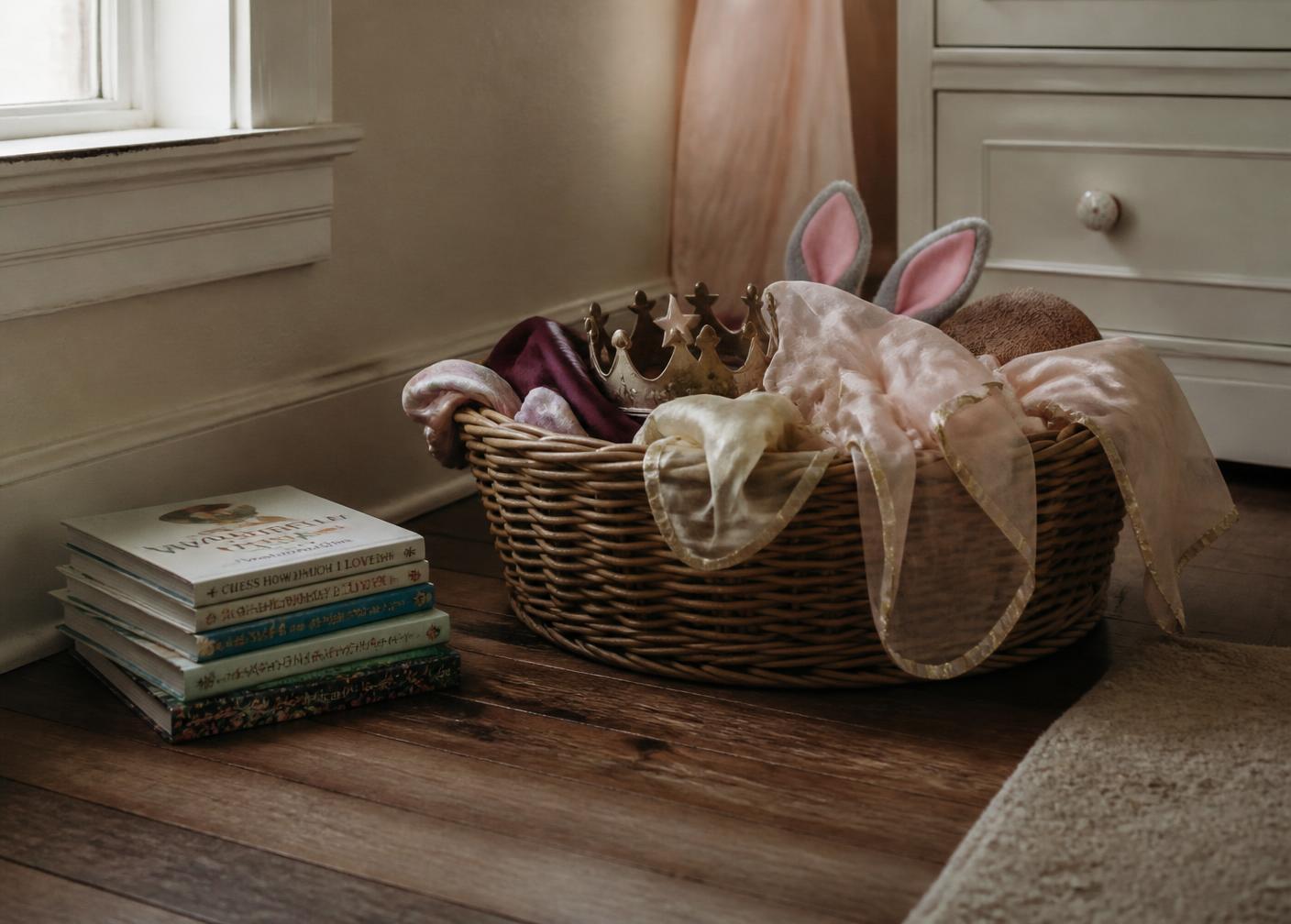 Costumes, scarves and books waiting by the reading corner