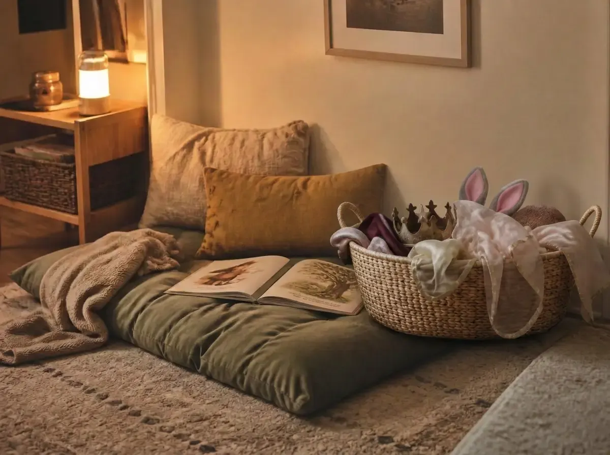The same basket in the cozy nook, where every story ends up being read twice