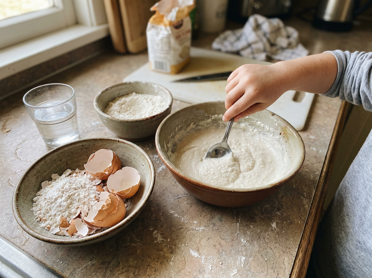 Crushed shells, flour and water becoming a thick paste