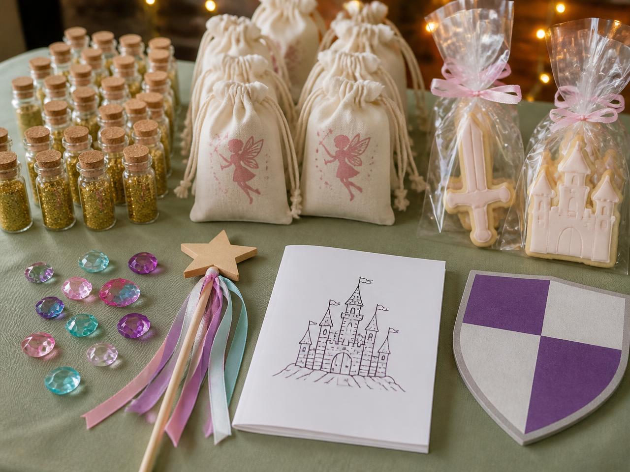 Fairy dust bottles, gem pouches and cookies.