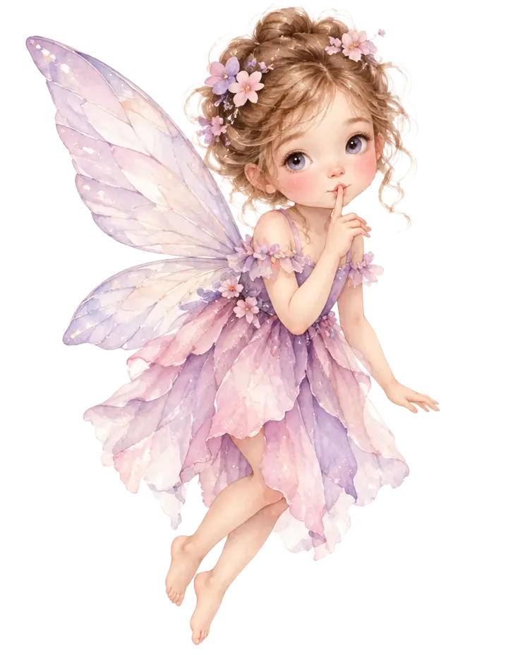 A little fairy holding a finger to her lips, keeping a secret