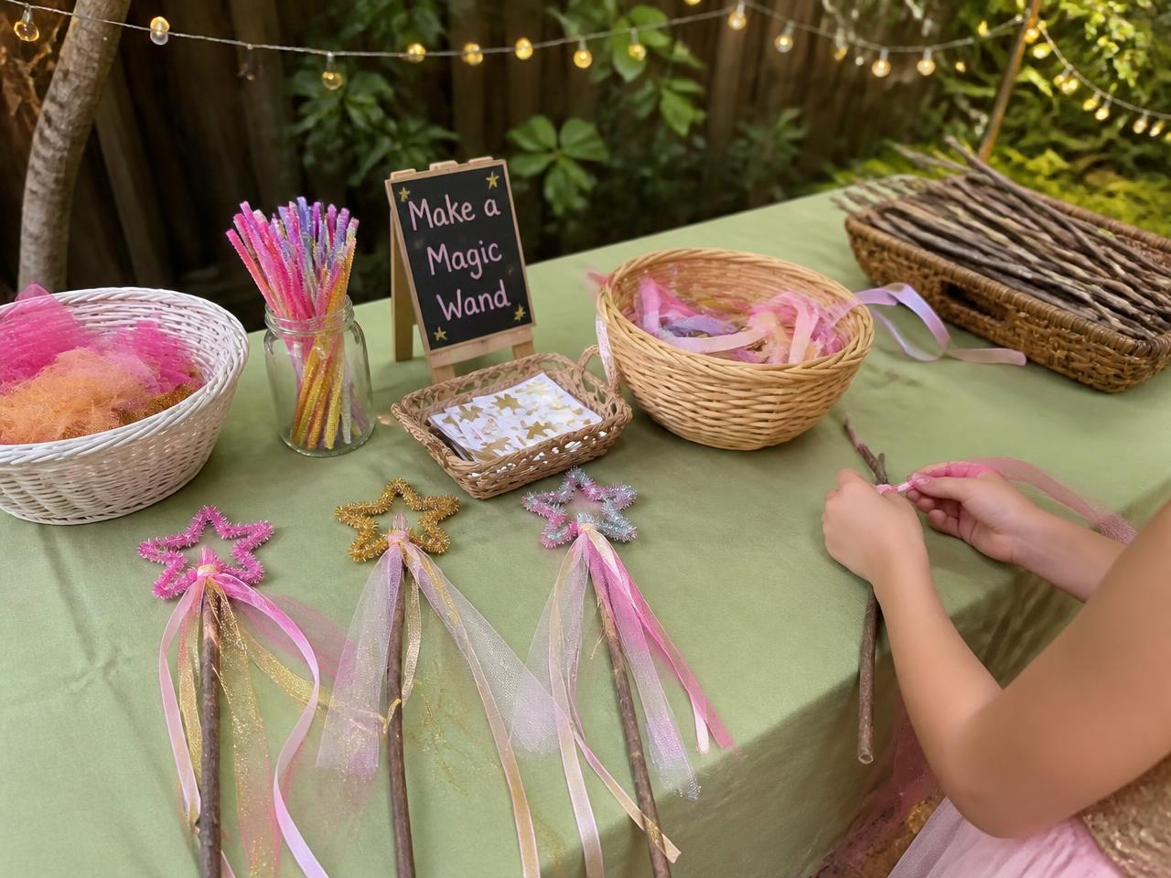 Garden sticks, pipe cleaners and a basket of ribbons.