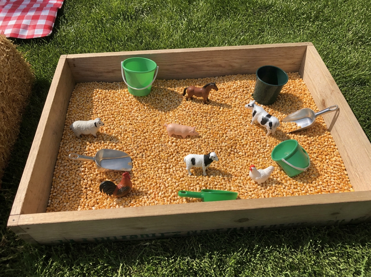 Dried corn, scoops, buckets and a few animals. The busiest station of the day.