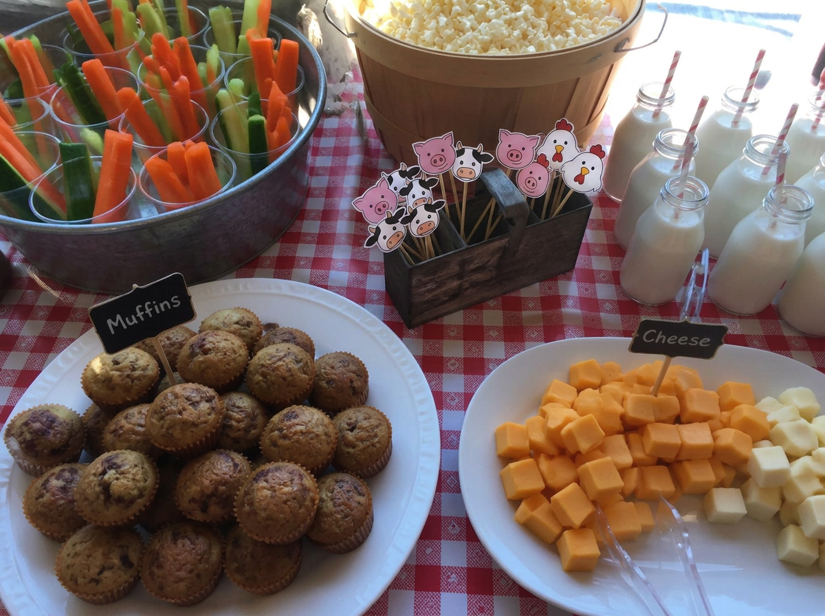 Veg sticks in cups, cheese cubes, mini muffins and milk in little bottles.